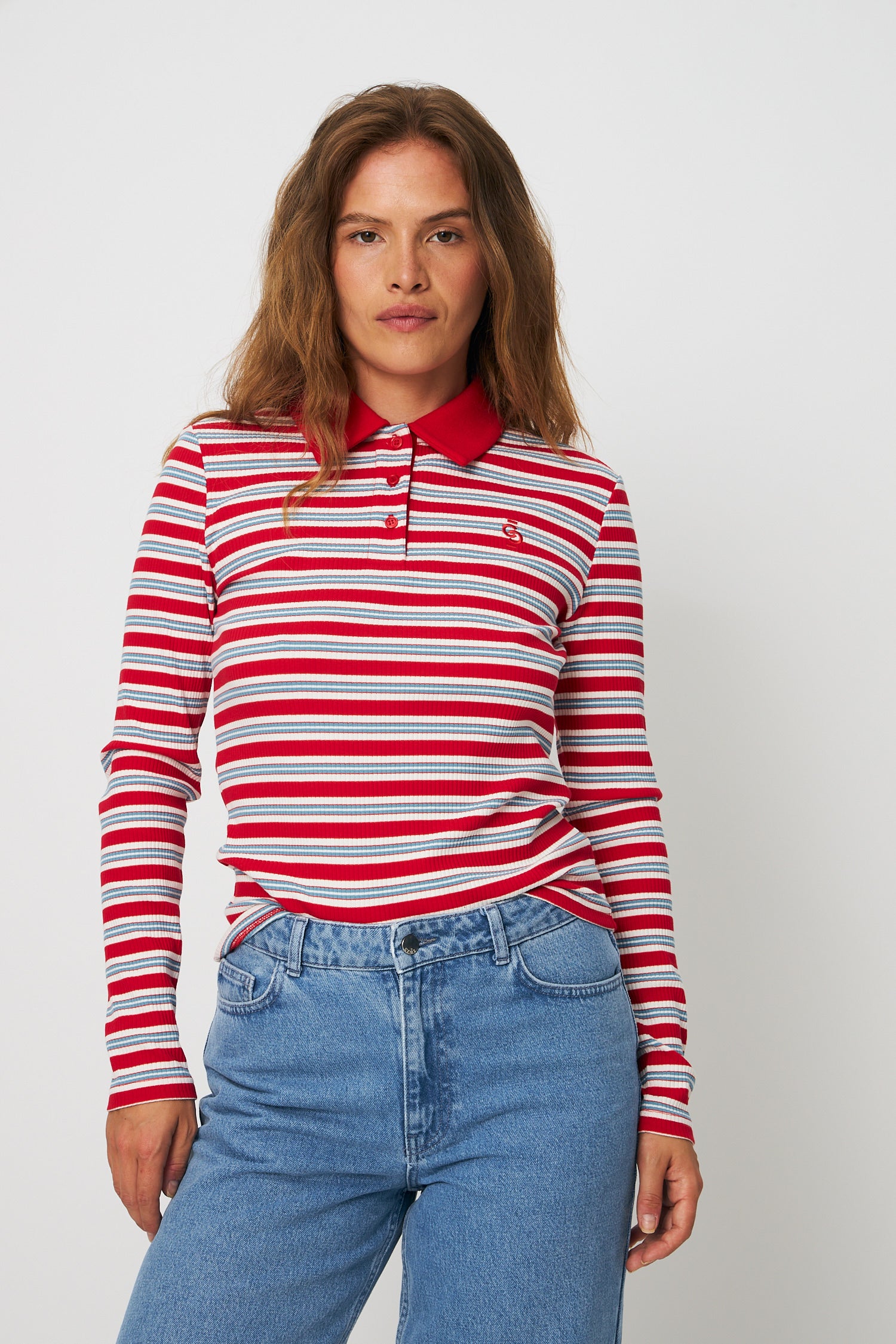 CRAS Lesliecras Polo Blouse Blouse 8148 Red Blue Stripe